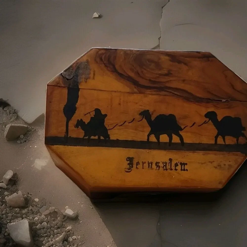 Wooden Octagonal Jerusalem Box with Camel Scene, Red Lined Interior, Mirror